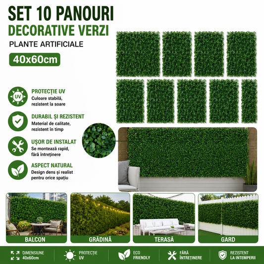 Set 10 x Panouri Decorative Verzi din Plante Artificiale 40x60 cm Cu Protectie UV, Rezistente La Intemperii