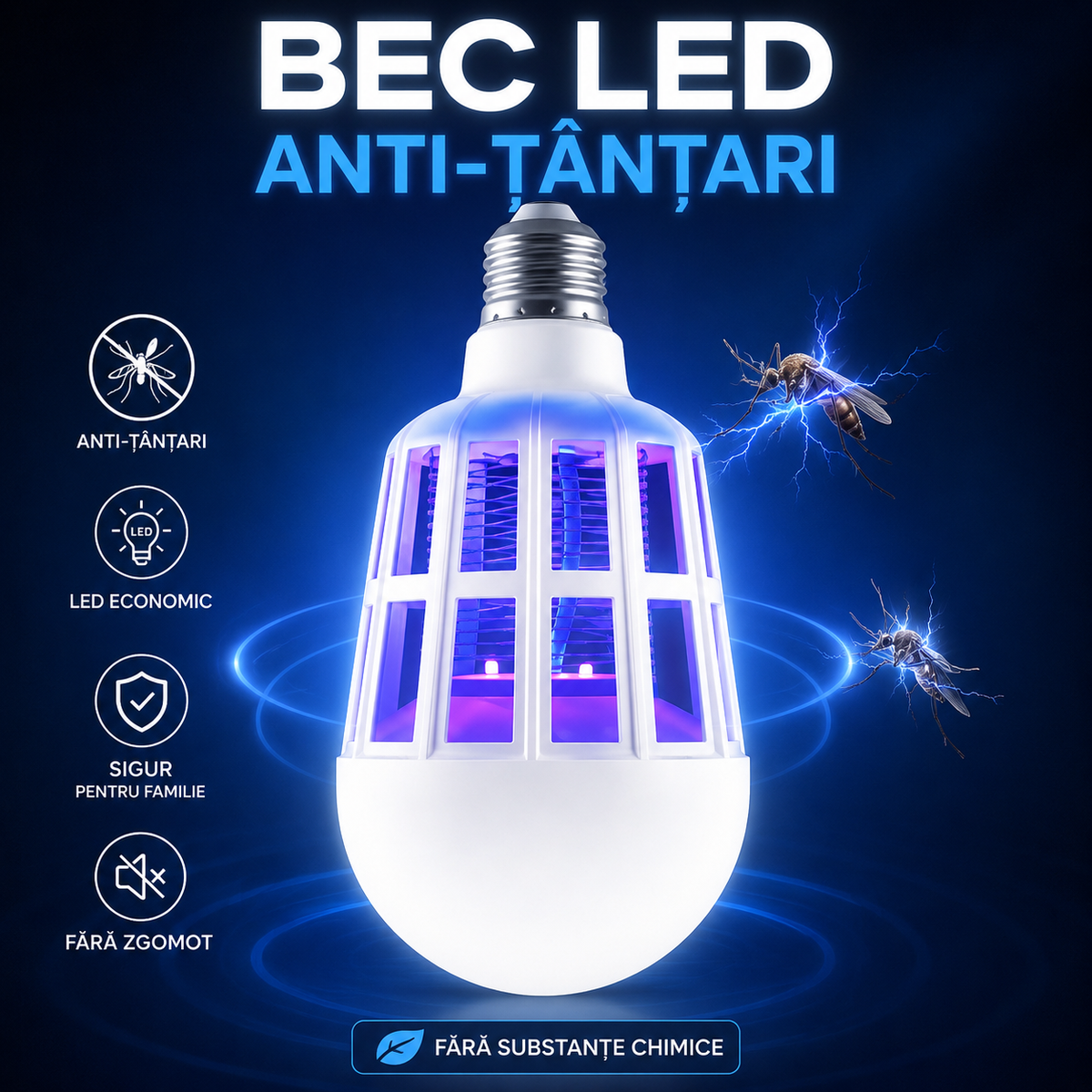 Set 2 X Bec LED Antitantari 9W Cu Lampa UV, Lumina Alba, Protectie Eficienta Impotriva Insectelor