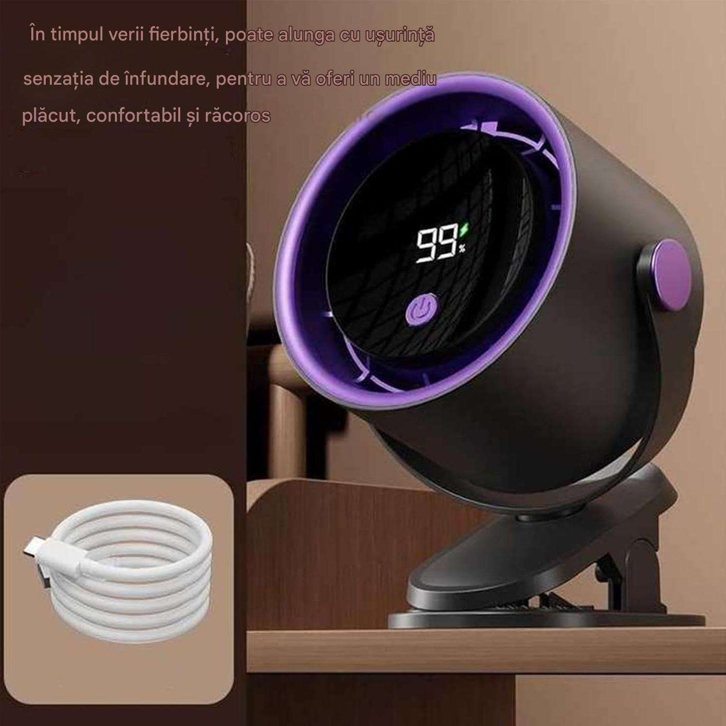 Ventilator Portabil Reincarcabil Cu Afisaj Digital, Clips Reglabil si Rotire 360 Grade, Silentios, Diverse Culori