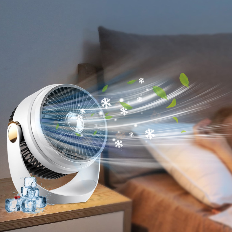 Ventilator Portabil cu Acumulator Reincarcabil, Lumina LED, Rotire 360 Grade si Incarcare USB, 22 x 25 cm, Alb