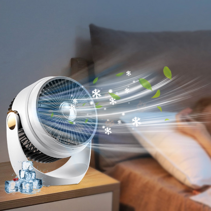 Ventilator Portabil cu Acumulator Reincarcabil, Lumina LED, Rotire 360 Grade si Incarcare USB, 22 x 25 cm, Alb