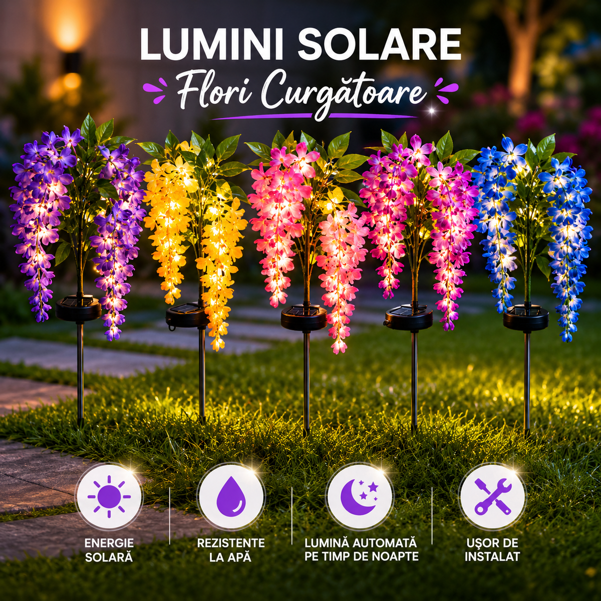 Set 4 x Lampi Solare LED cu Flori Curgatoare, Panou Solar Integrat, Rezistente la Apa, Diverse Culori