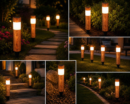 Set 4 x Lampi Solare LED pentru Gradina si Alei, Aspect Lemn Natural,  Lumina Alb Calda