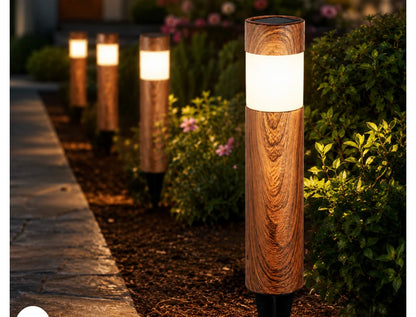 Set 2 x Lampi Solare LED pentru Gradina si Alei, Aspect Lemn Natural, Lumina Alb Calda