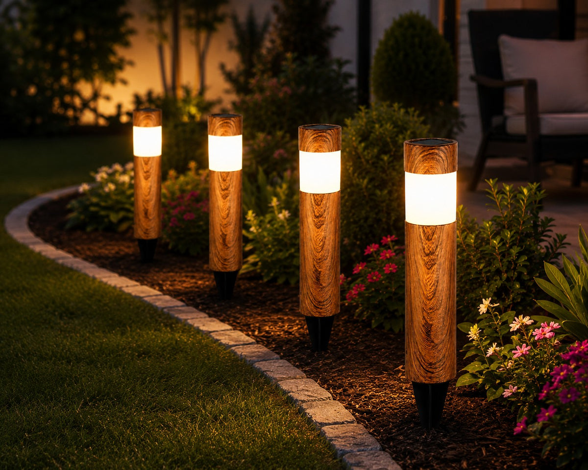 Set 2 x Lampi Solare LED pentru Gradina si Alei, Aspect Lemn Natural, Lumina Alb Calda