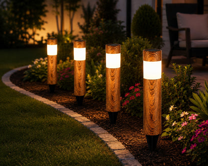 Set 4 x Lampi Solare LED pentru Gradina si Alei, Aspect Lemn Natural,  Lumina Alb Calda