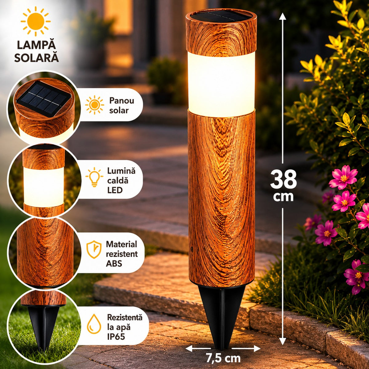 Set 2 x Lampi Solare LED pentru Gradina si Alei, Aspect Lemn Natural, Lumina Alb Calda