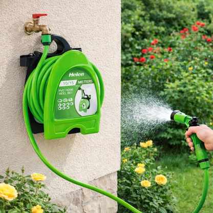 Tambur cu Furtun pentru Gradina, Montare pe Perete, Pistol de Stropire Multifunctional, Sistem de Rulare Integrat