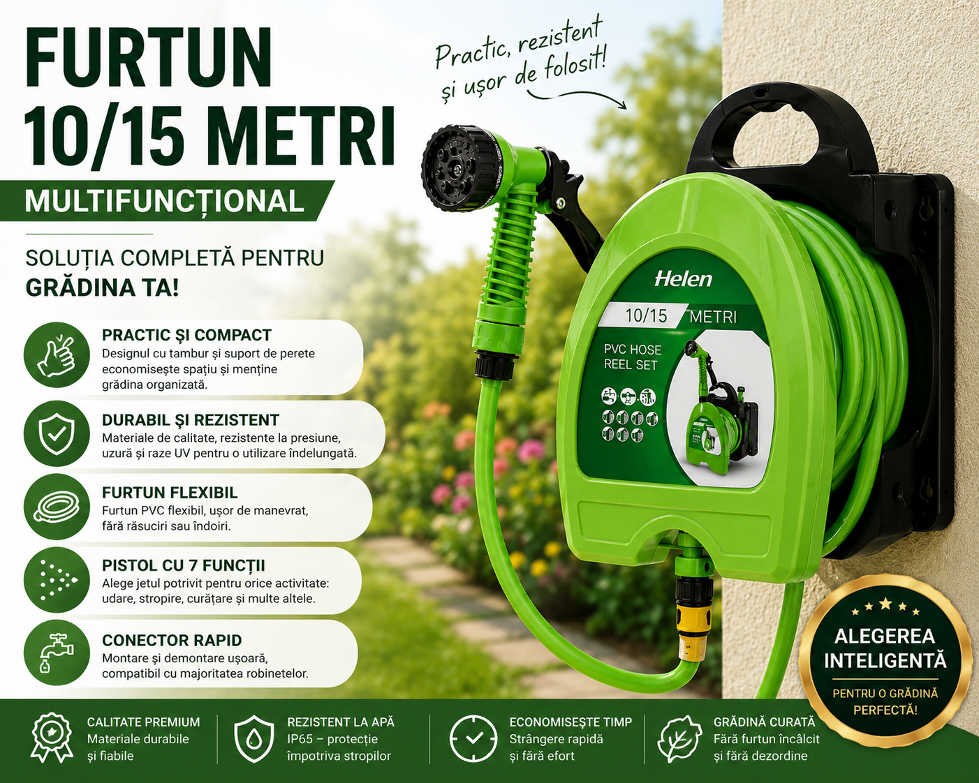 Tambur cu Furtun pentru Gradina, Montare pe Perete, Pistol de Stropire Multifunctional, Sistem de Rulare Integrat