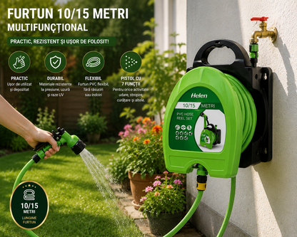 Tambur cu Furtun pentru Gradina, Montare pe Perete, Pistol de Stropire Multifunctional, Sistem de Rulare Integrat