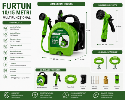 Tambur cu Furtun pentru Gradina, Montare pe Perete, Pistol de Stropire Multifunctional, Sistem de Rulare Integrat
