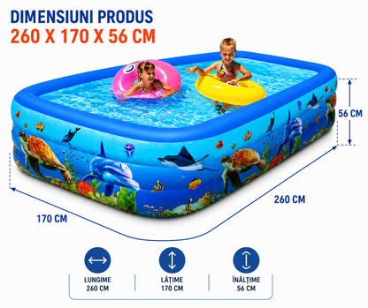 Piscina Gonflabila pentru Copii 260 x 170 x 56 cm, 3 Inele Rezistente, Model Oceanic, Forma Dreptunghiulara