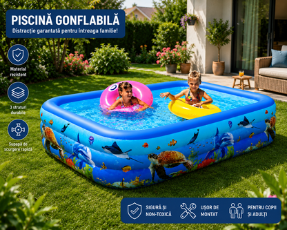 Piscina Gonflabila pentru Copii 300 x 170 x 56 cm, 3 Inele Rezistente, Model Oceanic, Forma Dreptunghiulara