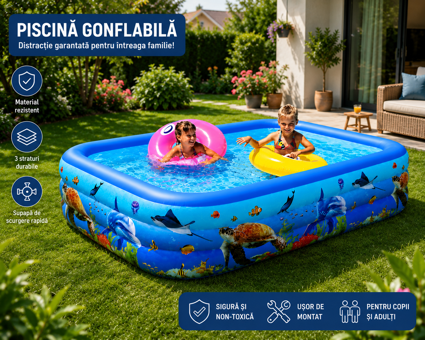 Piscina Gonflabila pentru Copii 260 x 170 x 56 cm, 3 Inele Rezistente, Model Oceanic, Forma Dreptunghiulara
