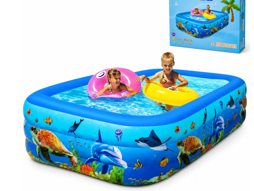 Piscina Gonflabila pentru Copii 210 x 130 x 56 cm, 3 Inele Rezistente, Model Oceanic, Forma Dreptunghiulara