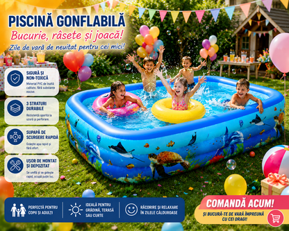 Piscina Gonflabila pentru Copii 210 x 130 x 56 cm, 3 Inele Rezistente, Model Oceanic, Forma Dreptunghiulara