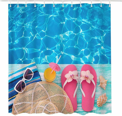 Set Pentru Baie Premium cu 4 Piese: Perdea, Covorase Si Husa De Toaleta -  Summer Beach