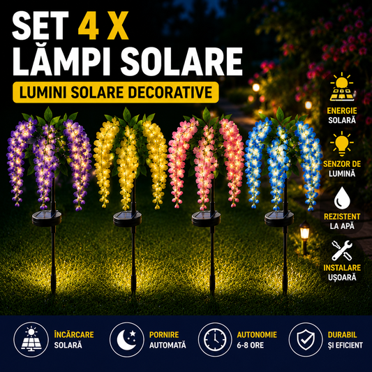 Set 4 x Lampi Solare LED cu Flori Curgatoare, Panou Solar Integrat, Rezistente la Apa, Diverse Culori