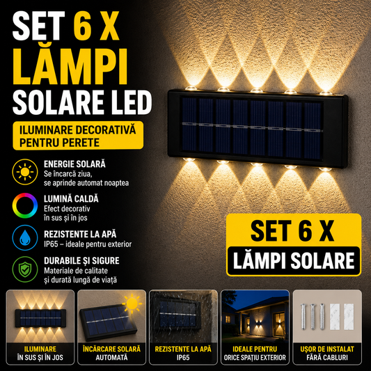 Set 6 x Lampi Solare LED Perete Iluminare Sus Jos 12 LED Rezistente La Apa Alimentare Solara Automata