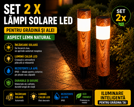 Set 2 x Lampi Solare LED pentru Gradina si Alei, Aspect Lemn Natural, Lumina Alb Calda