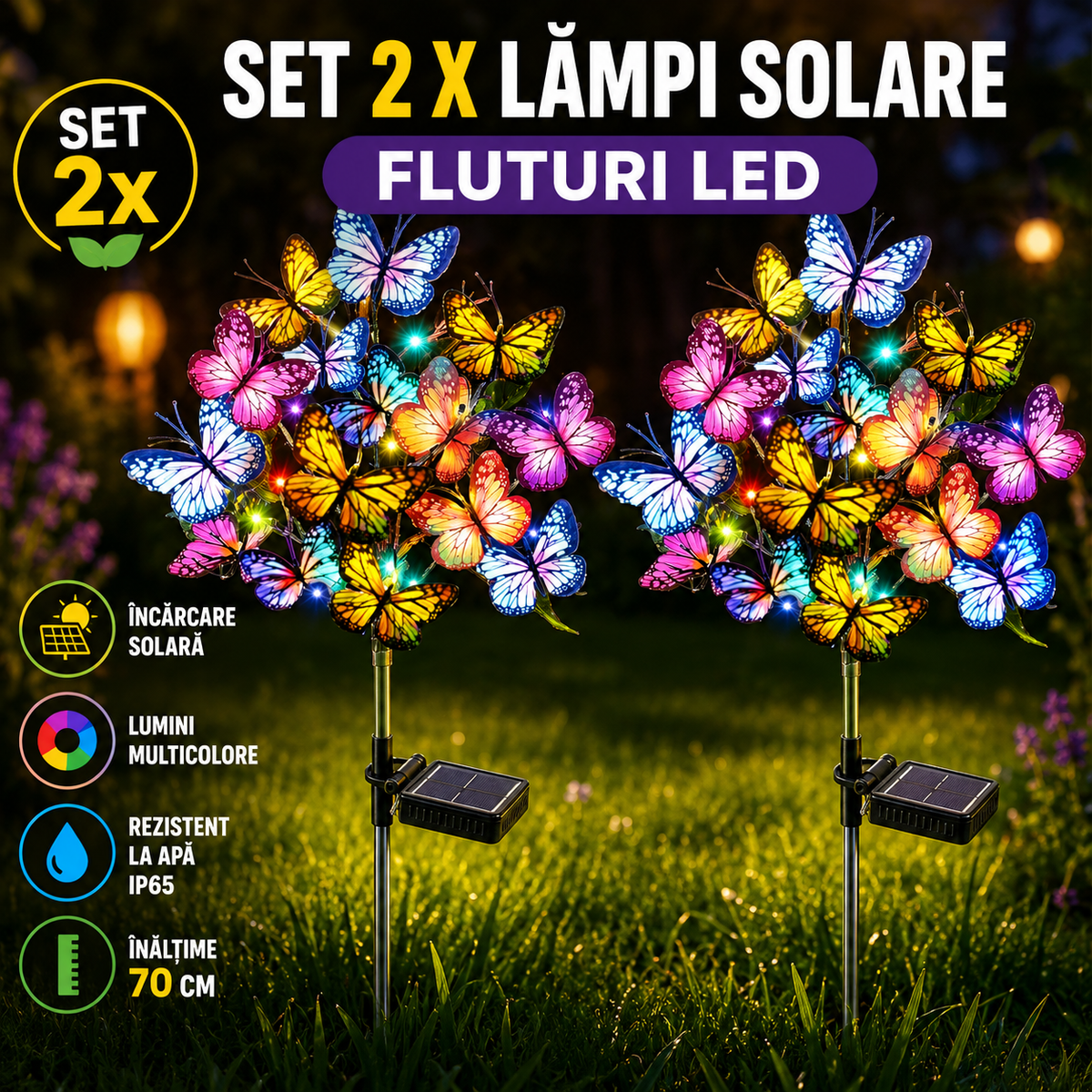 Set 2 X Lampi Solare Fluturi LED 70 Cm, Iluminare Automata Cu Senzor Lumina, Rezistente La Apa IP66, Decor Gradina Exterior