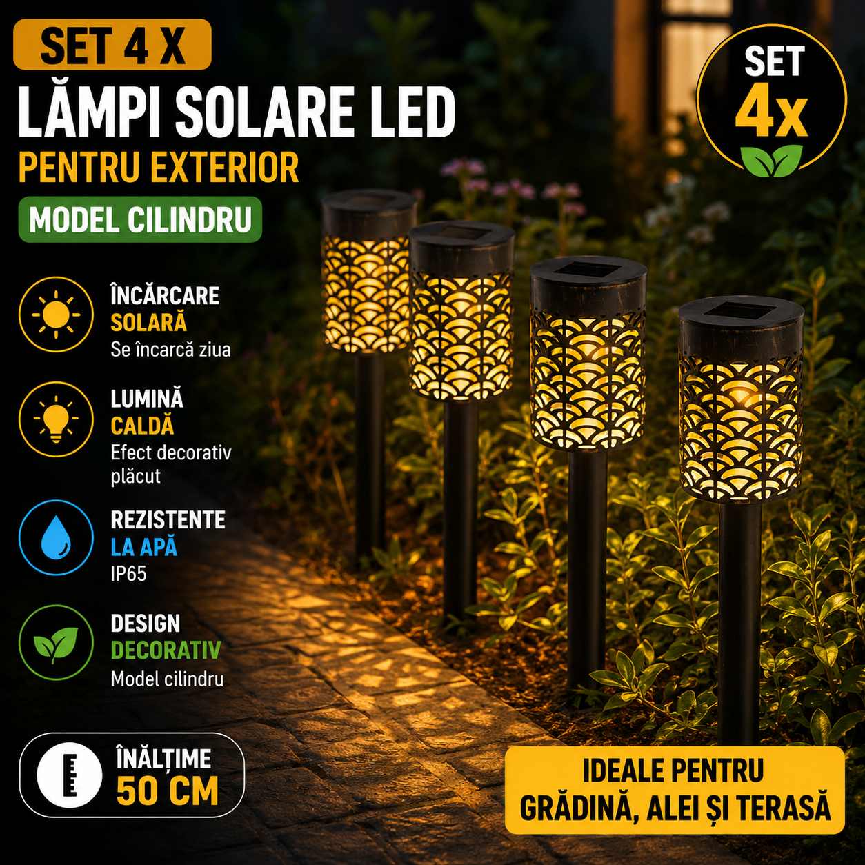 Set 4 x Lampi Solare LED pentru Exterior Model Cilindru – Lumina Galbena Ambientala, Incarcare Solara Automata, Design Elegant pentru Gradina si Terasa