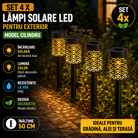 Set 4 x Lampi Solare LED pentru Exterior Model Cilindru – Lumina Galbena Ambientala, Incarcare Solara Automata, Design Elegant pentru Gradina si Terasa