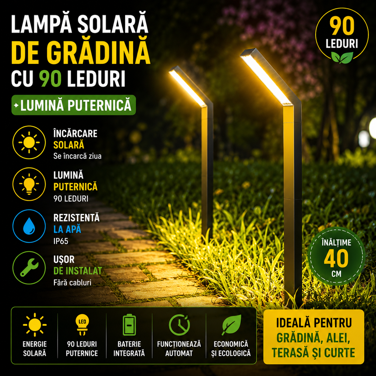 Lampa Solara de Gradina cu 90 Leduri, Lumina Intensa, Panou Solar Eficient, Rezistenta la Apa IP65, Iluminare Automata 8-10 Ore