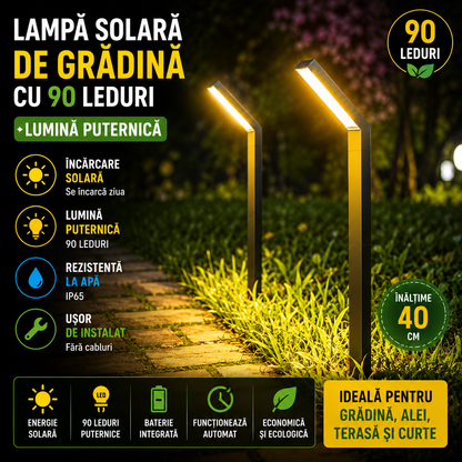 Lampa Solara de Gradina cu 90 Leduri, Lumina Intensa, Panou Solar Eficient, Rezistenta la Apa IP65, Iluminare Automata 8-10 Ore