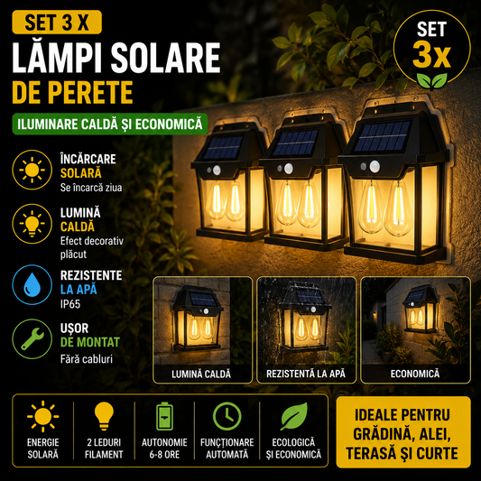 Set 3 x Lampa Solara Exterior cu 2 Becuri LED si Senzor de Miscare PIR, Iluminat Solar Curte Gradina Terasa, Rezistente la Apa IP65