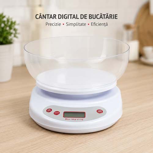Cantar de Bucatarie cu Bol Inclus 5 kg, Afisaj Digital LCD, Design Compact si Modern, Ideal pentru Retete Exacte si Diete Echilibrate