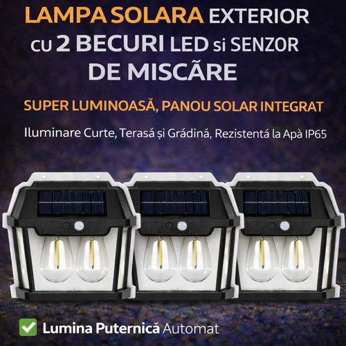 Set 3 x Lampa Solara Exterior cu 2 Becuri LED si Senzor de Miscare PIR, Iluminat Solar Curte Gradina Terasa, Rezistente la Apa IP65
