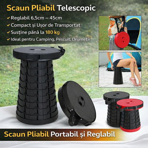 Scaun Pliabil Telescopic Portabil – Reglabil pe Inaltime, Compact si Usor de Transportat, Ideal pentru Camping si Pescuit