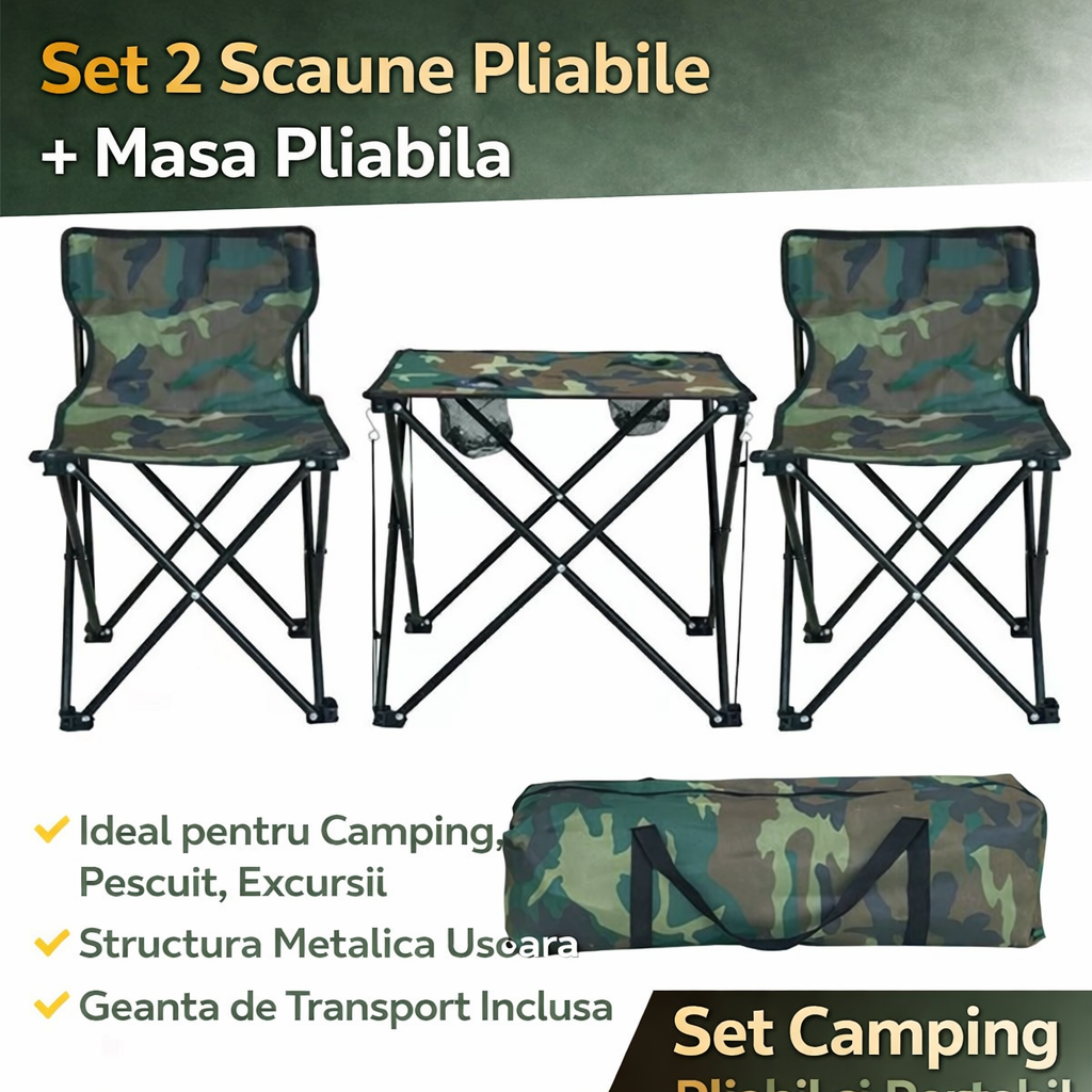 Set Camping Pliabil 3 Piese – 2 Scaune si Masuta Camuflaj cu Geanta Transport, Ideal pentru Pescuit si Drumetii
