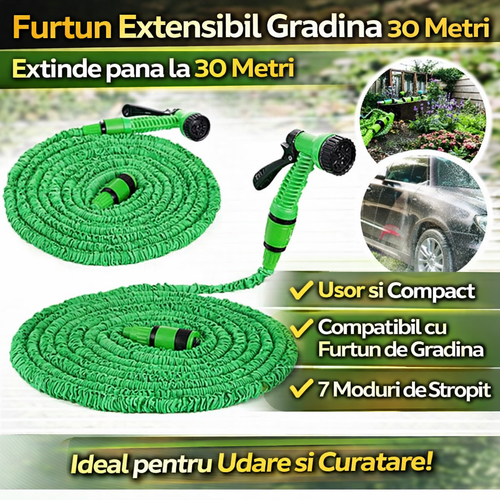 Furtun Extensibil Gradina 30 Metri cu Accesoriu Multifunctional de Stropit – Furtun Elastic pentru Udat, Spalat si Irigat