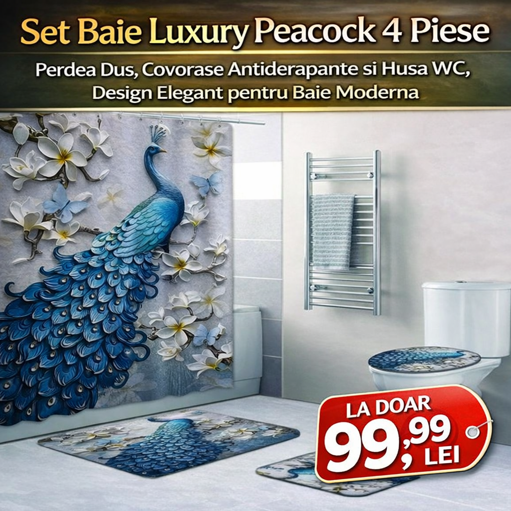 Set Pentru Baie Premium cu 4 Piese: Perdea, Covorase Si Husa De Toaleta - Peacock