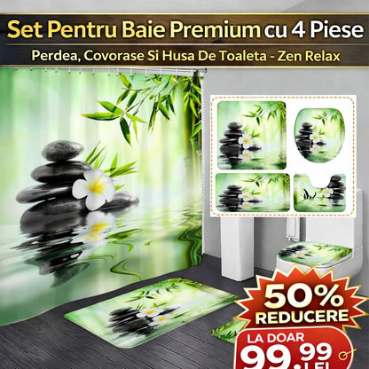 Set Pentru Baie Premium cu 4 Piese: Perdea, Covorase Si Husa De Toaleta - Zen Relax