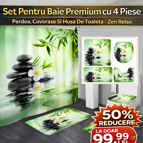 Set Pentru Baie Premium cu 4 Piese: Perdea, Covorase Si Husa De Toaleta - Zen Relax