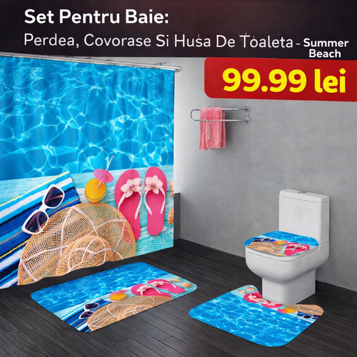 Set Pentru Baie Premium cu 4 Piese: Perdea, Covorase Si Husa De Toaleta -  Summer Beach