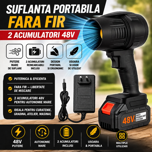 Suflanta Profesionala Fara Fir 48V, 2 Acumulatori, Jet Aer Puternic, Ideala pentru Gradina, Masina si Atelier