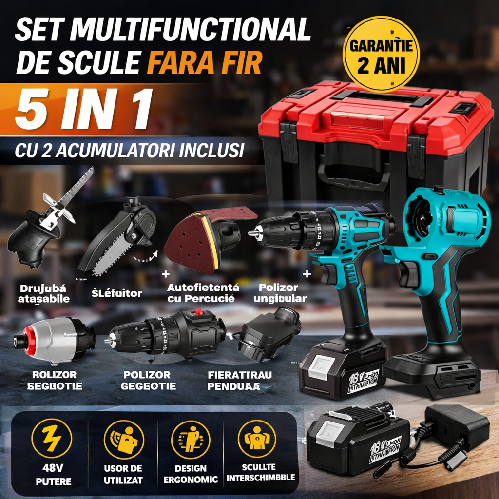Trusa Scule Electrice 5 in 1 Fara Fir, 2 Acumulatori, Bormasina, Drujba, Polizor, Slefuitor, Set Profesional cu Cutie