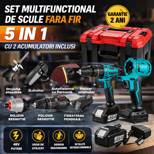 Trusa Scule Electrice 5 in 1 Fara Fir, 2 Acumulatori, Bormasina, Drujba, Polizor, Slefuitor, Set Profesional cu Cutie