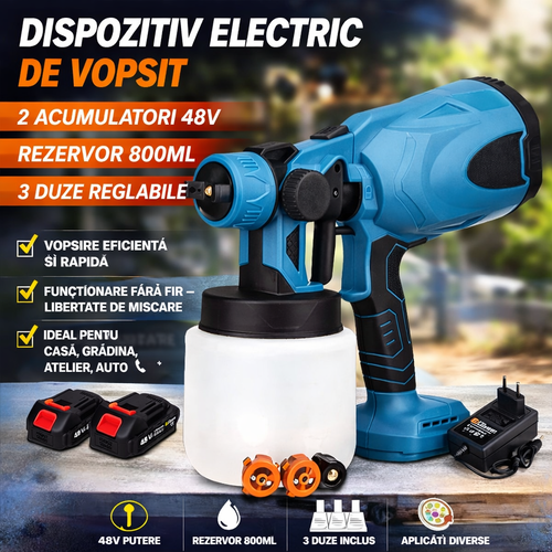 Dispozitiv Vopsire Electric 48V, 2 Acumulatori, 3 Duze, Rezervor Mare 800ml, Pulverizare Rapida si Eficienta