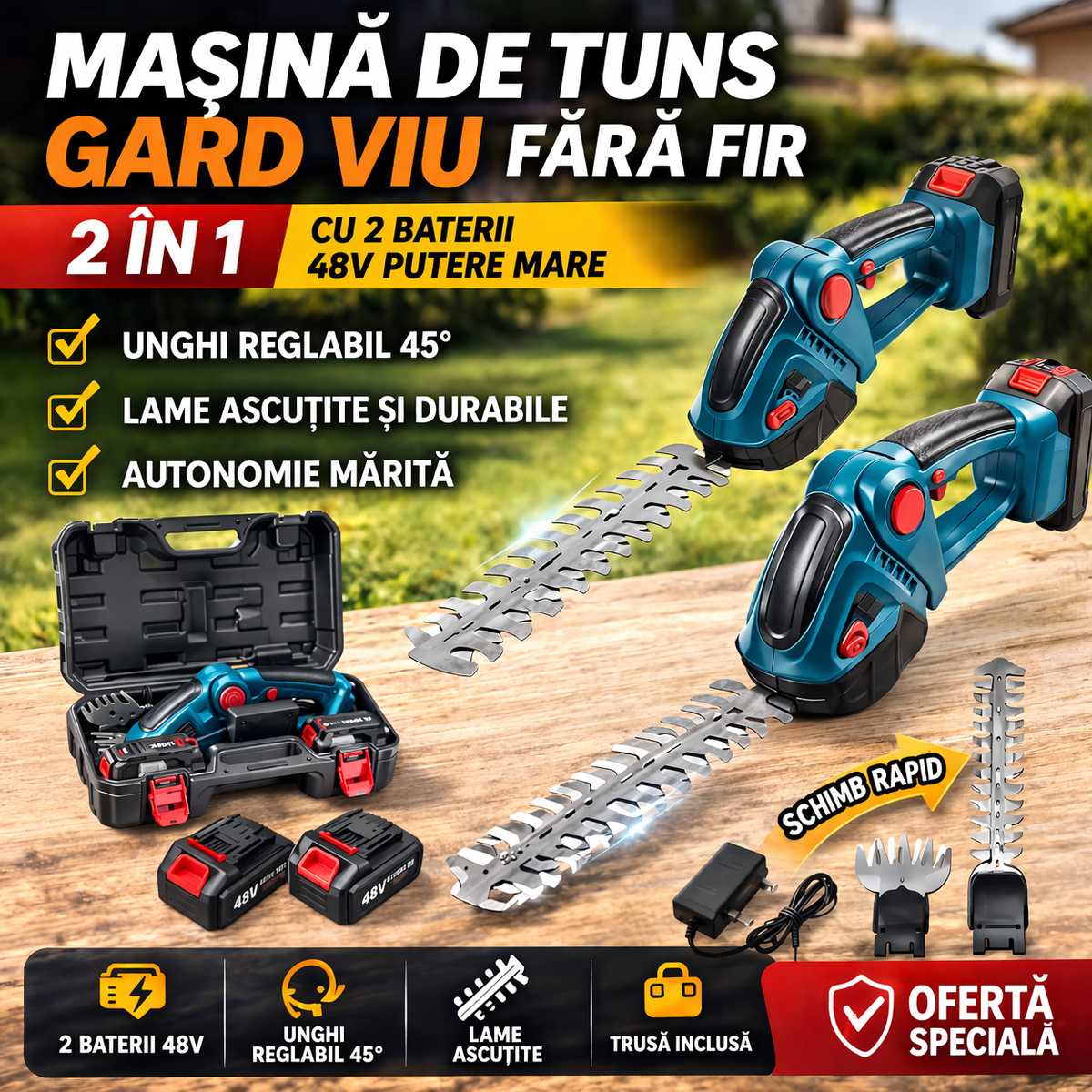 Masina de Tuns Gard Viu Fara Fir 2 in 1, 2 Acumulatori 48V Inclusi, Unghi Reglabil 45°, Foarfeca Electrica pentru Iarba si Arbusti, Set Profesional