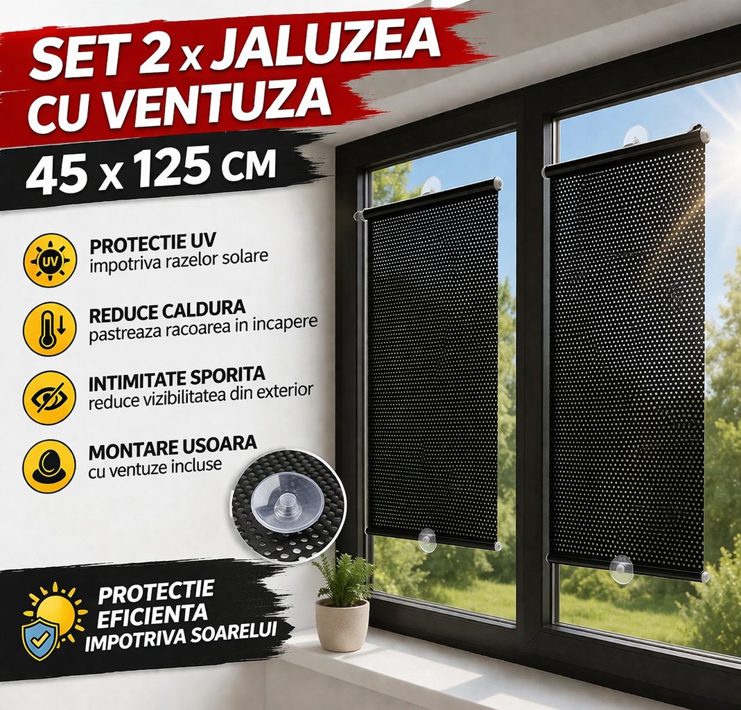 Set 2 x Jaluzea cu ventuza 45 x 125 cm, Protectie UV, Anti Caldura, Usor de Montat, Ideal pentru Casa si Birou