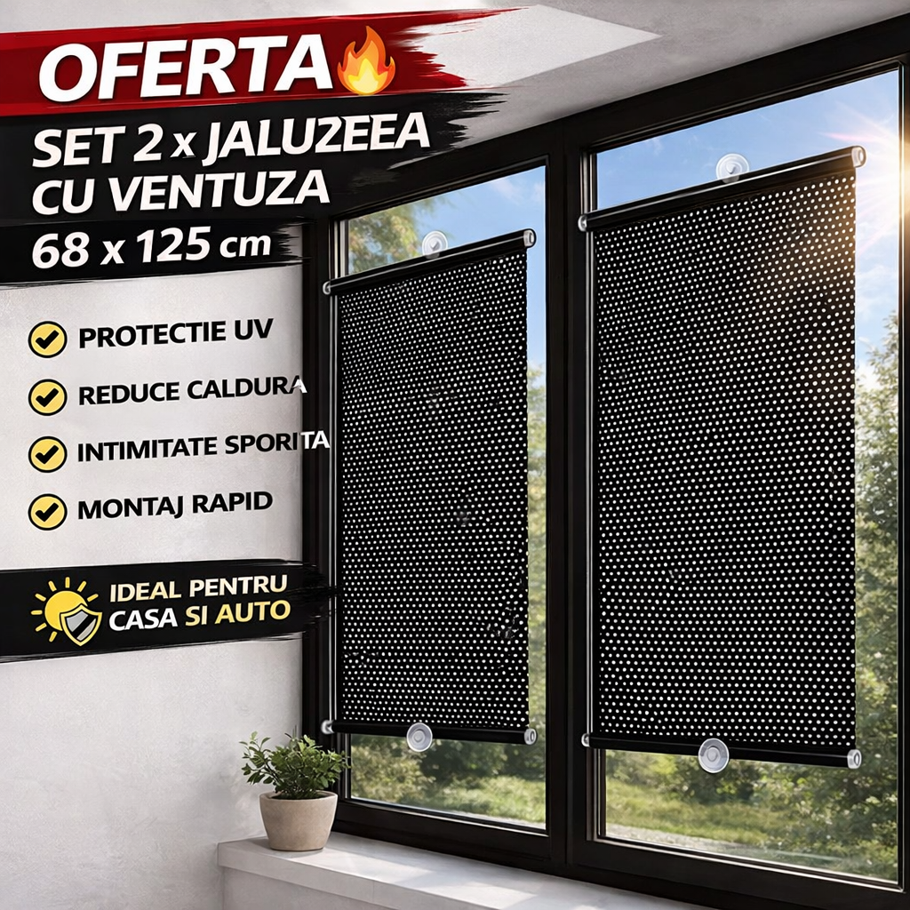 Set 2 x Jaluzea cu ventuza 68 x 125 cm, Protectie UV, Anti Caldura, Usor de Montat, Ideal pentru Casa si Birou
