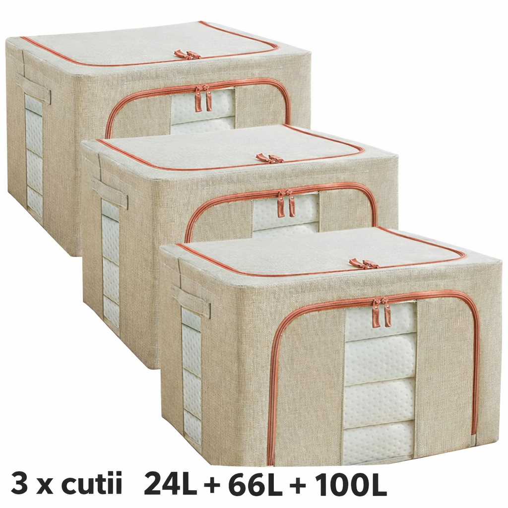 Set 3 x Organizator Pliabil cu Fermoar si Fereastra pentru Depozitare 24L + 66L + 100L, Crem