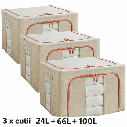 Set 3 x Organizator Pliabil cu Fermoar si Fereastra pentru Depozitare 24L + 66L + 100L, Crem