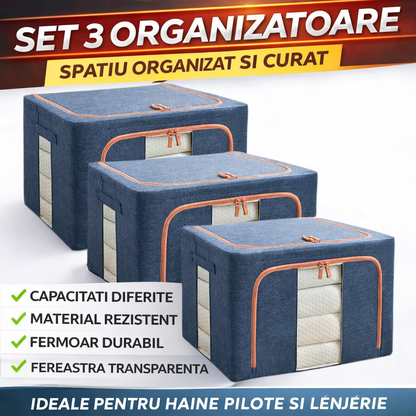 Set 3 x Organizator Pliabil cu Fermoar si Fereastra pentru Depozitare 24L + 66L + 100L, Albastru