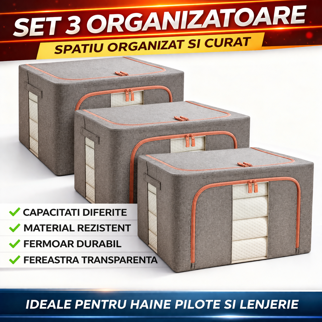 Set 3 x Organizator Pliabil cu Fermoar si Fereastra pentru Depozitare 24L + 66L + 100L, Gri
